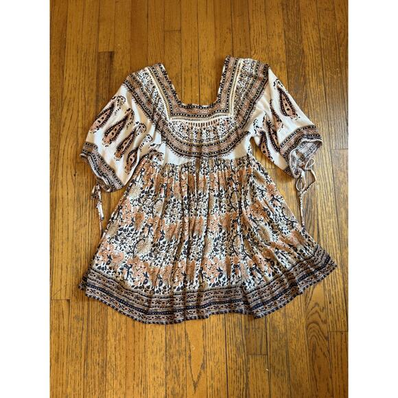 Free People Boho Floral Peasant Tunic Top Womens Extra Small Orange Blue Rayon - Picture 1 of 11